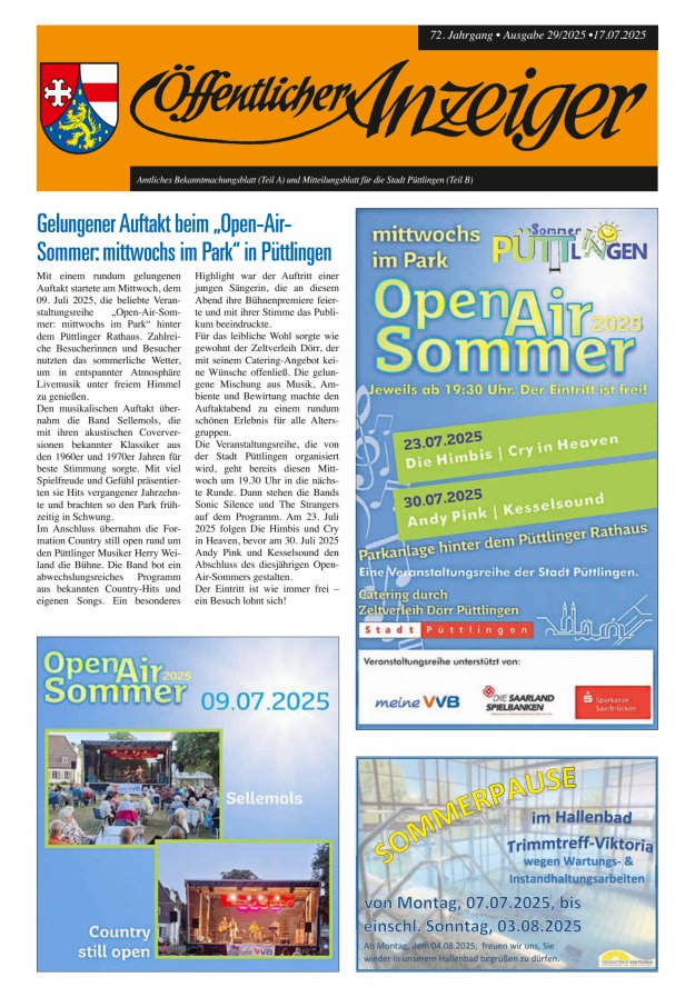 Öffentlicher Anzeiger - Stadt Püttlingen Titelblatt 29/2025