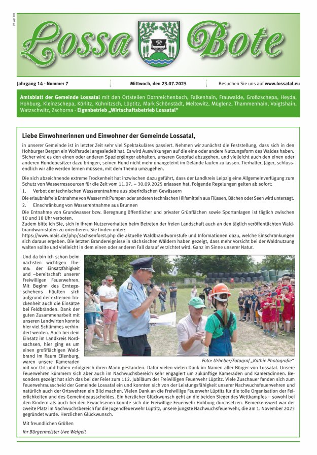 Amtsblatt Lossa Bote - Gemeinde Lossatal mit den Ortsteilen Titelblatt 07/2025