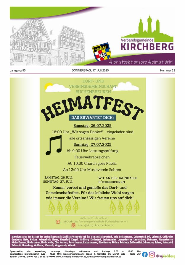 Mitteilungen der Verbandsgemeinde Kirchberg Hunsrück Titelblatt 29/2025
