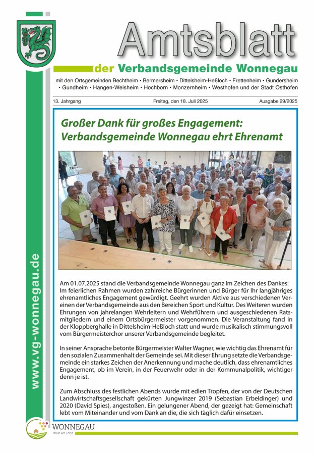 Amtsblatt VG Wonnegau Titelblatt 29/2025