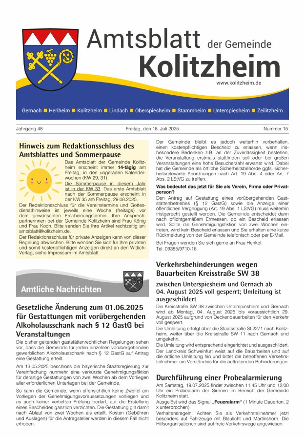 Amtsblatt der Gemeinde Kolitzheim Titelblatt 15/2025