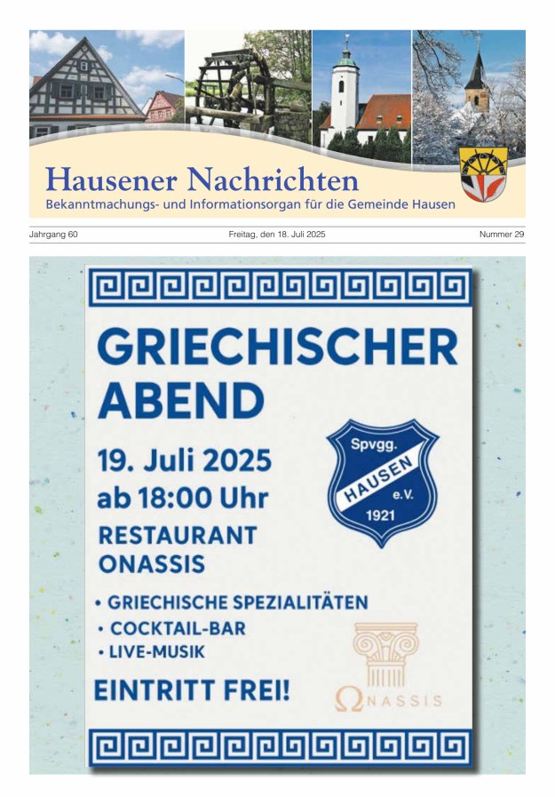 Hausener Nachrichten Titelblatt 29/2025
