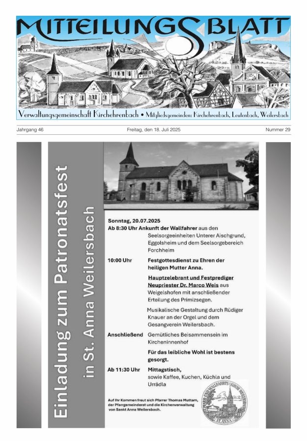 Mitteilungsblatt Verwaltungsgemeinschaft Kirchehrenbach Titelblatt 29/2025