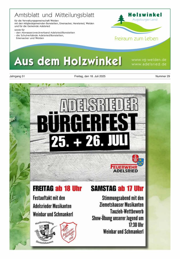 Aus dem Holzwinkel Amtsblatt u Mitteilungsblatt f VG Welden u GemAdelsried Titelblatt 29/2025