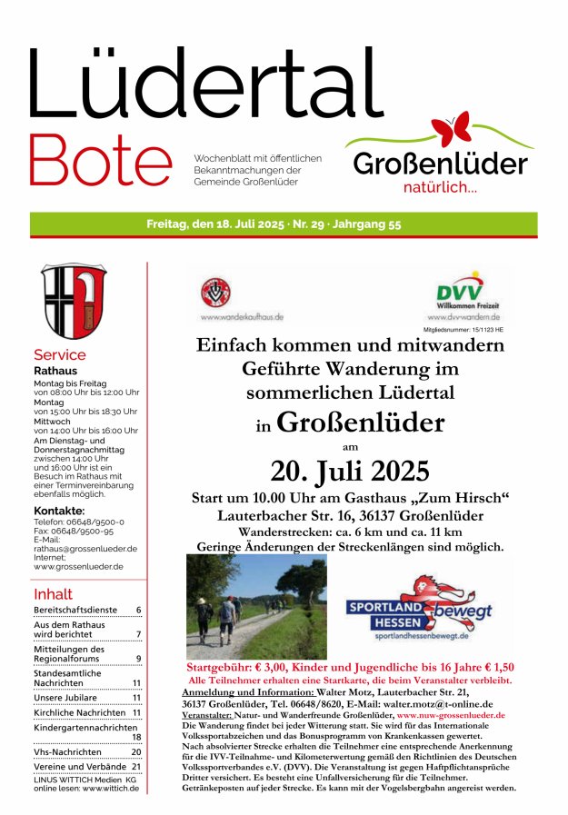 Wochenblatt mit öffentlichen Bekanntmachungen der Gemeinde Großenlüder Titelblatt 29/2025