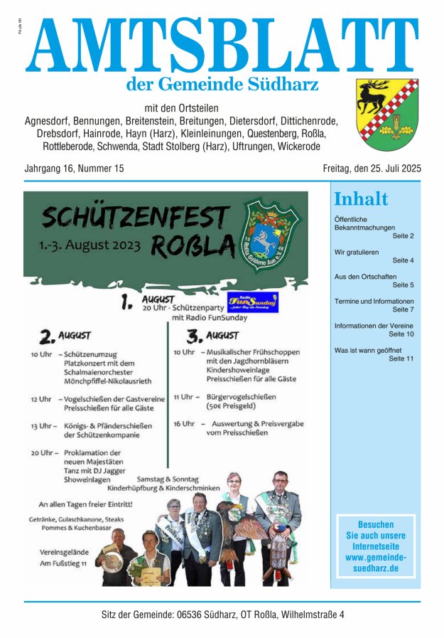 Amtsblatt der Gemeinde Südharz Titelblatt 15/2025