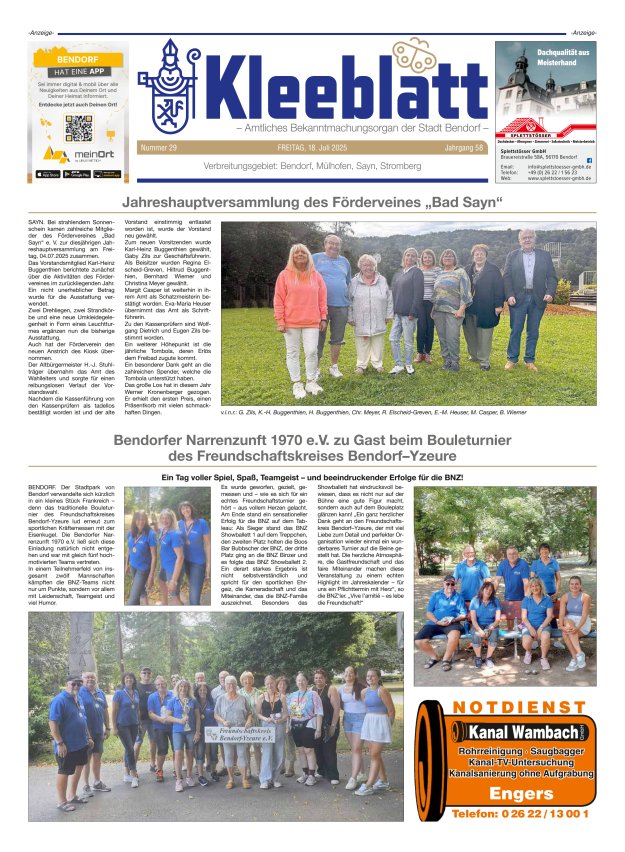Kleeblatt - Amtliches Bekanntmachungsorgan der Stadt Bendorf Titelblatt 29/2025