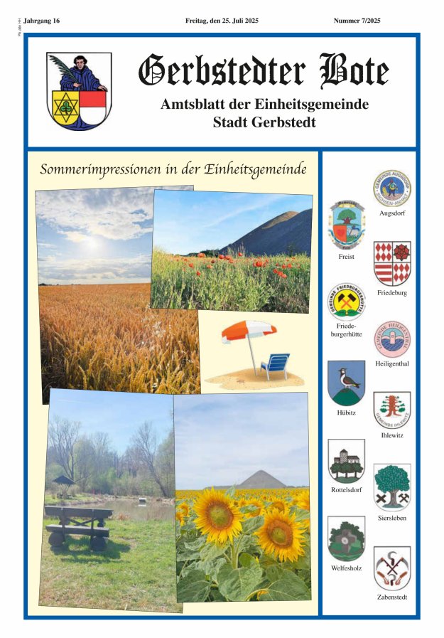 Gerbstedter Bote – Amtsblatt der Einheitsgemeinde Stadt Gerbstedt Titelblatt 07/2025