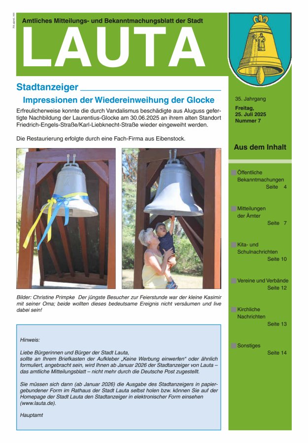 Amtliches Mitteilungs- und Bekanntmachungsblatt der Stadt Lauta - Stadtanzeiger Titelblatt 07/2025