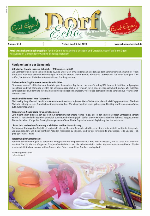 Dorfecho Amtliches Bekanntmachungsblatt für die Gemeinde Schönau-Berzdorf und OT Titelblatt 418/2025