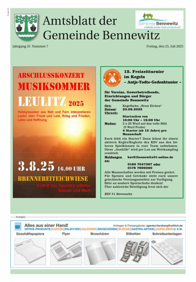 Amtsblatt der Gemeinde Bennewitz Titelblatt 07/2025