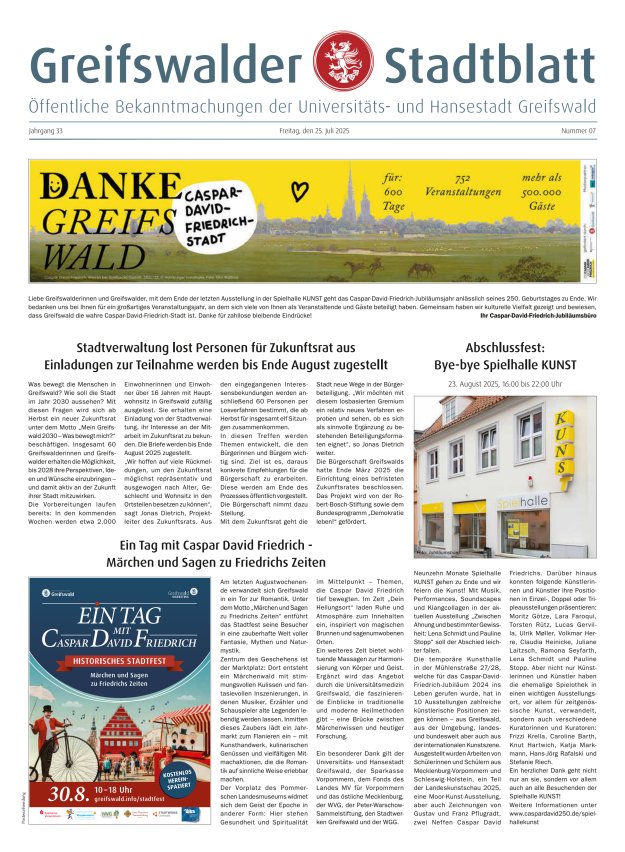 Greifswalder Stadtblatt Titelblatt 07/2025