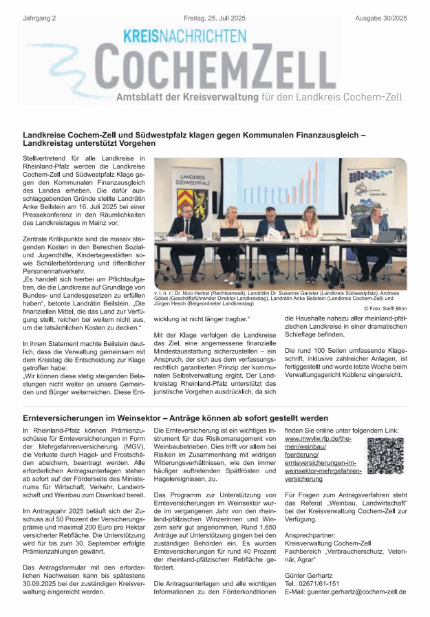 Kreisnachrichten Cochem-Zell Titelblatt 30/2025