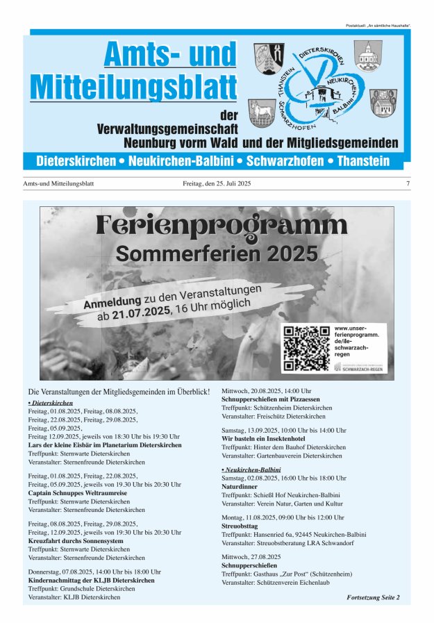 Amts- u Mitteilungsblatt der VG Neunburg vorm Wald u d Mitgliedsgemeinden Titelblatt 07/2025