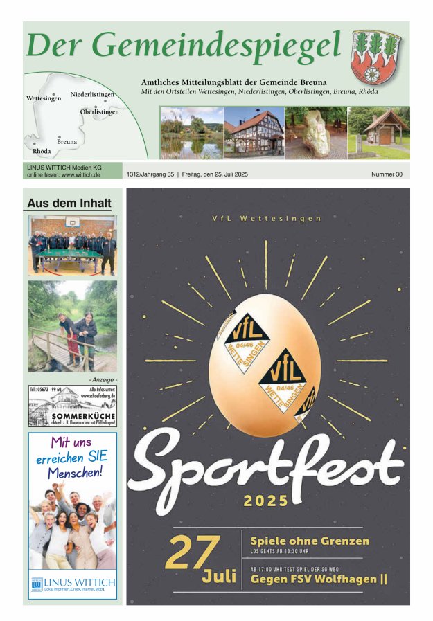 Der Gemeindespiegel (Breuna) Titelblatt 30/2025
