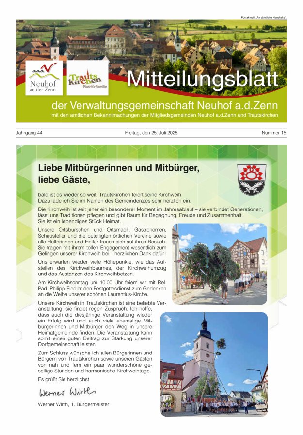 Mitteilungsblatt der Verwaltungsgemeinschaft Neuhof an der Zenn mit den amtlichen Bekanntmachungen der Mitgliedsgemeinden Neuhof an der Zenn und Trautskirchen Titelblatt 15/2025