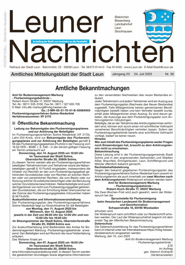Leuner Nachrichten Titelblatt 30/2025