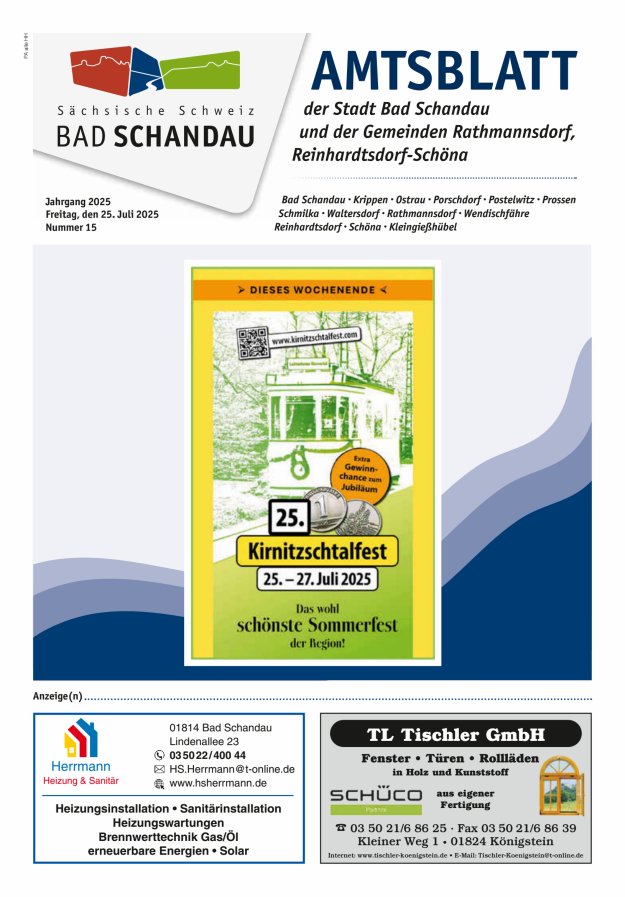 Amtsblatt der Stadt Bad Schandau und der Gemeinden Titelblatt 15/2025