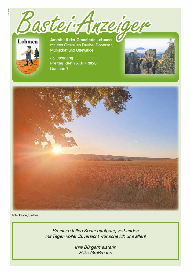 Bastei-Anzeiger - Amtsblatt der Gemeinde Lohmen mit den Ortsteilen Titelblatt 07/2025