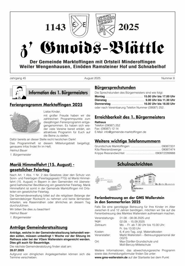 z'Gmoids-Blättle der Gemeinde Marktoffingen mit Ortsteilen Titelblatt 08/2025
