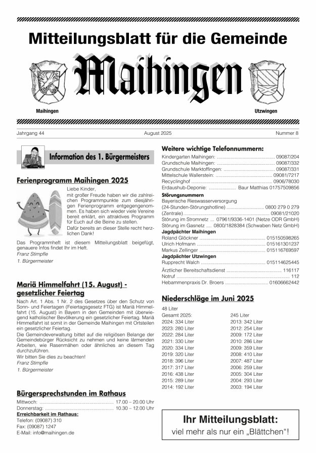 Mitteilungsblatt für die Gemeinde Maihingen Titelblatt 08/2025