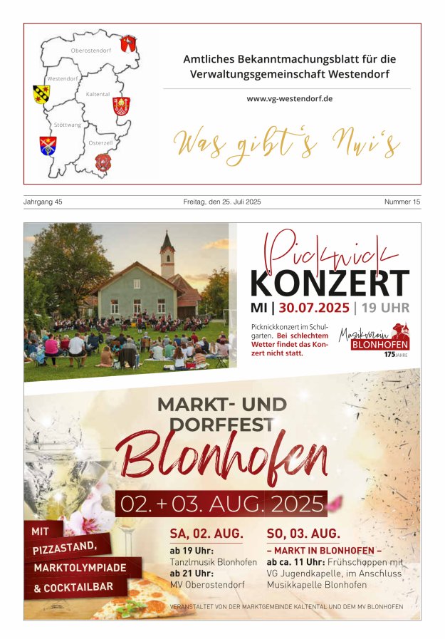 Was gibt's Nui's Amtliches Bekanntmachungsblatt für die VG Westendorf Titelblatt 15/2025
