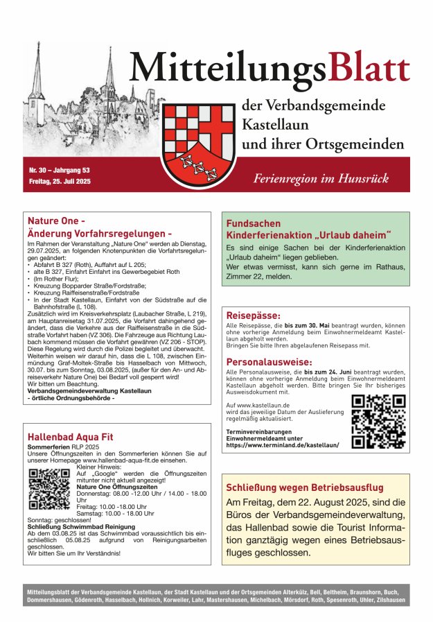 Mitteilungsblatt Kastellaun Titelblatt 30/2025