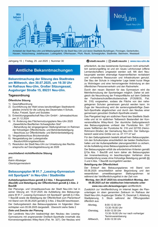 Amtsblatt der Stadt Neu-Ulm und Mitteilungsblatt für die Stadt Neu-Ulm Titelblatt 30/2025