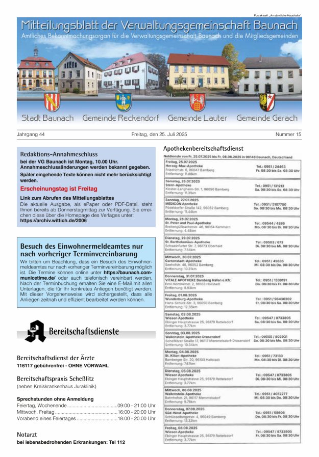 Mitteilungsblatt Verwaltungsgemeinschaft Baunach Titelblatt 15/2025
