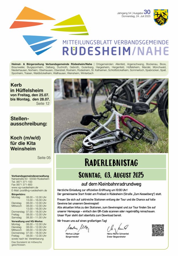 Mitteilungsblatt Verbandsgemeinde Rüdesheim und zugehörige Ortsgemeinden Titelblatt 30/2025