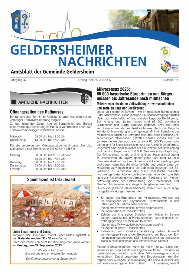 Geldersheimer Nachrichten Amtsblatt der Gemeinde Geldersheim Titelblatt 15/2025