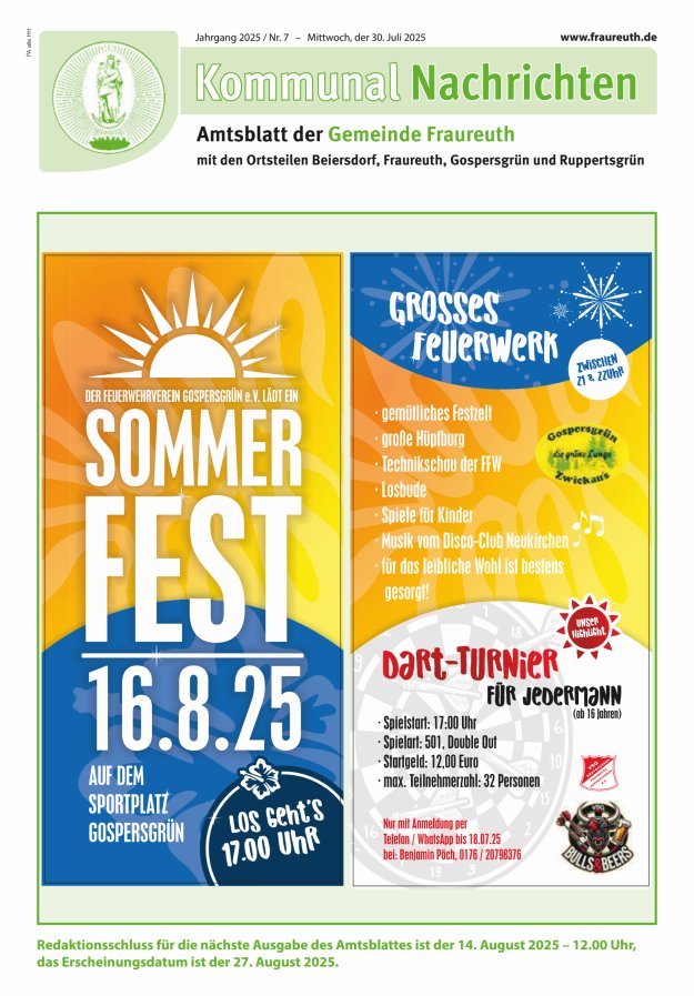 Kommunal-Nachrichten der Gemeinde Fraureuth Titelblatt 07/2025