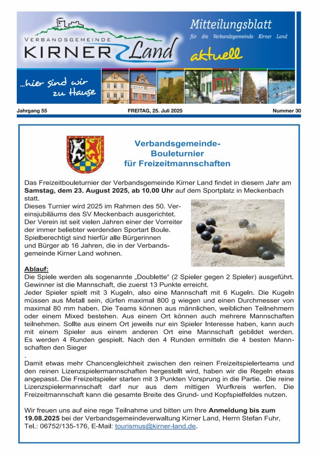 Mitteilungsblatt für den Bereich der Verbandsgemeinde Kirner Land Titelblatt 30/2025