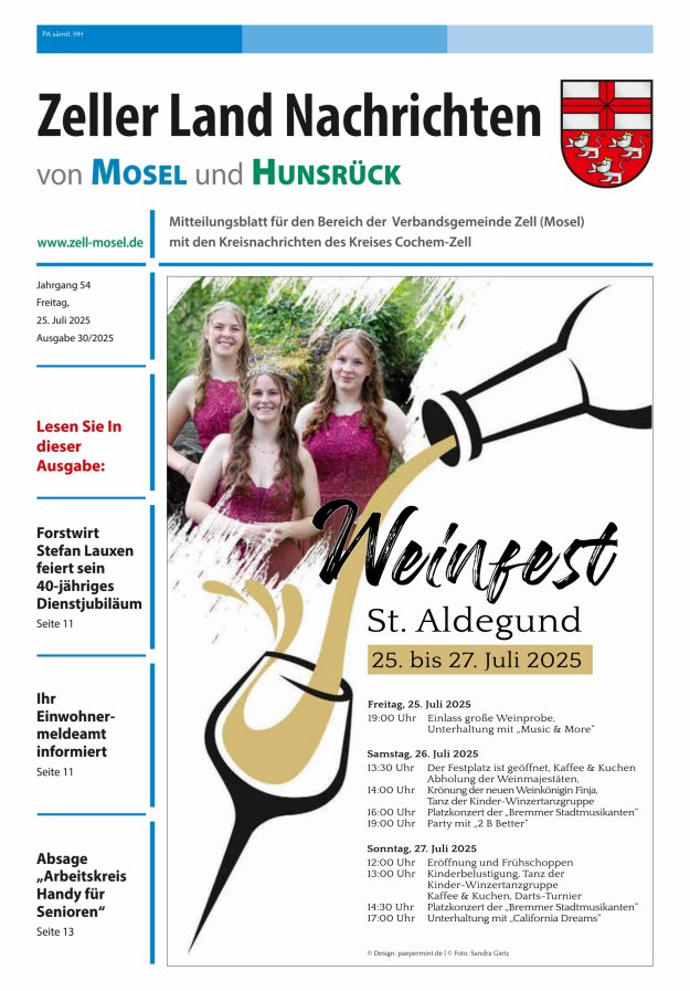 Zeller Land Nachrichten Titelblatt 30/2025