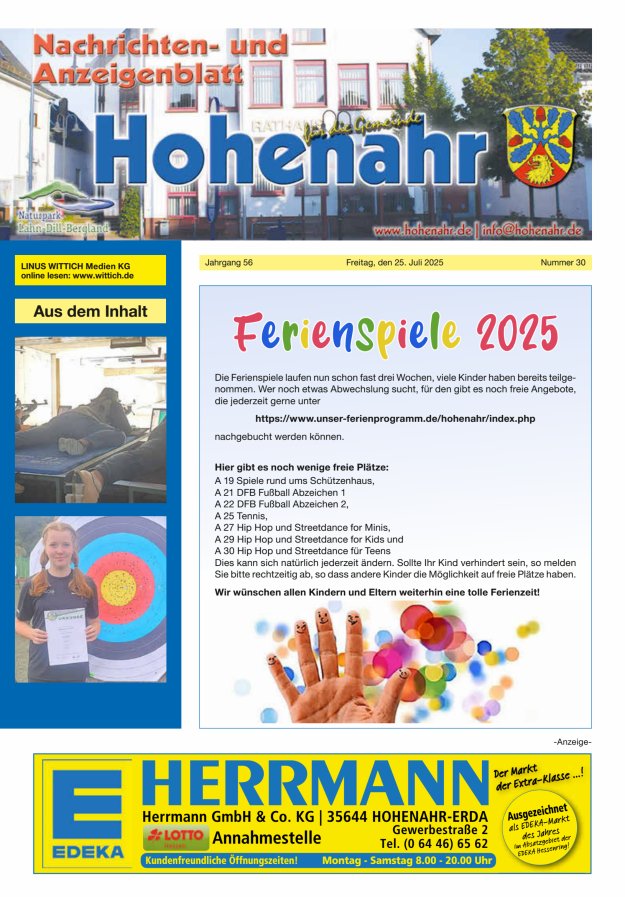Nachrichten- und Anzeigenblatt für die Gemeinde Hohenahr Titelblatt 30/2025