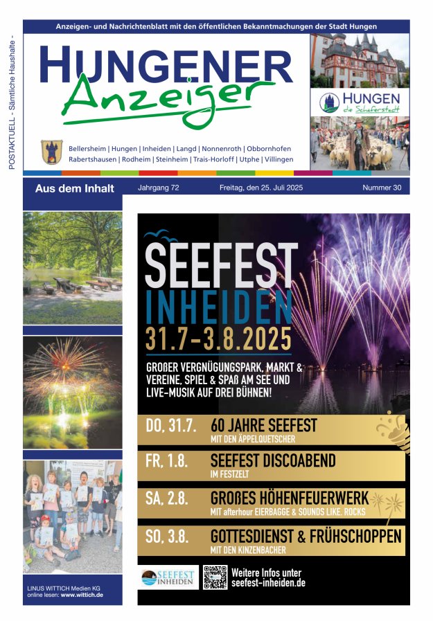Anzeigen- und Nachrichtenblatt mit den öff  Bekanntmachungen der Stadt Hungen Titelblatt 30/2025