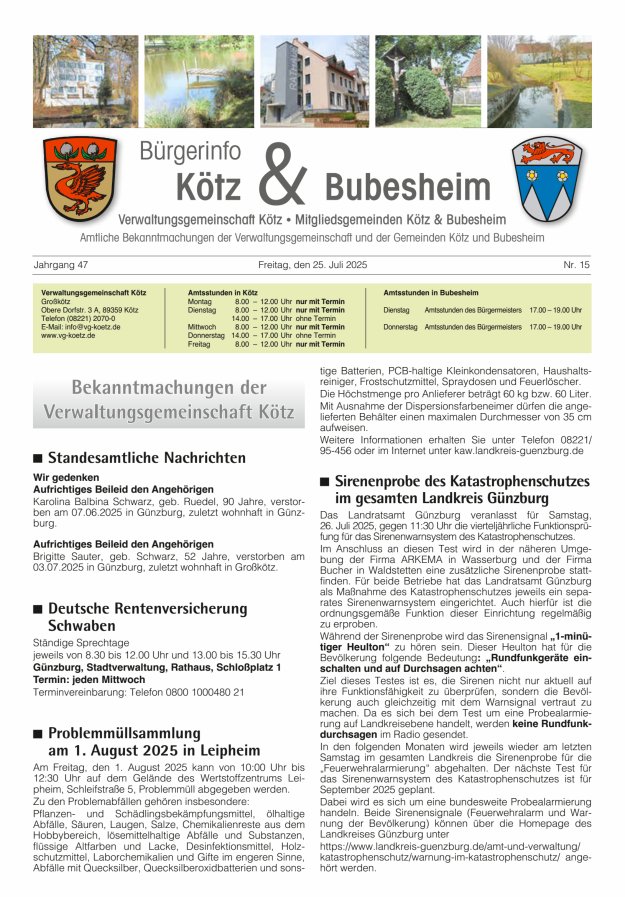 Amtsblatt der VG Kötz und der Mitgliedsgemeinden Titelblatt 15/2025