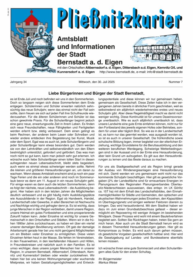Pließnitzkurier – Amtsblatt und Informationen der Stadt Bernstadt a. d. Eigen Titelblatt 07/2025