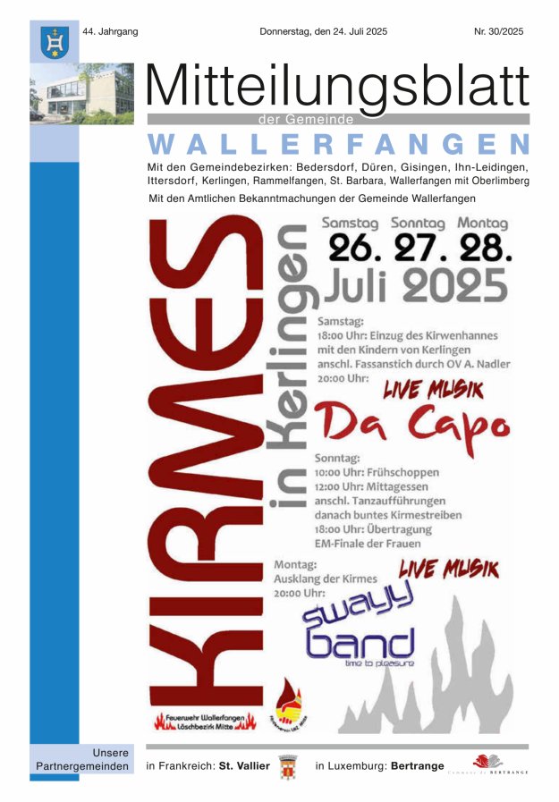 Mitteilungsblatt Gemeinde Wallerfangen Titelblatt 30/2025