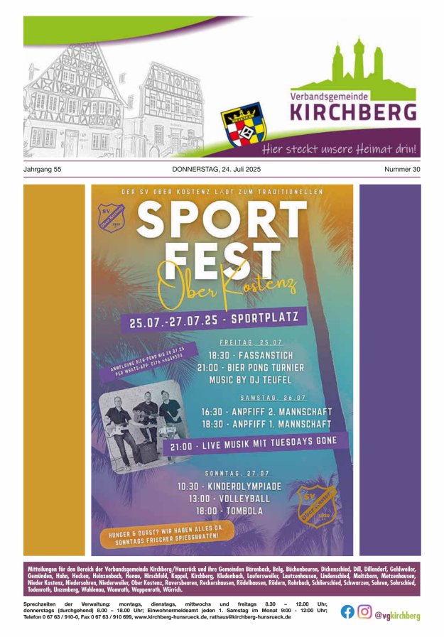 Mitteilungen der Verbandsgemeinde Kirchberg Hunsrück Titelblatt 30/2025
