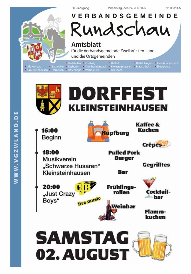 Verbandsgemeinde Rundschau Zweibrücken-Land Titelblatt 30/2025