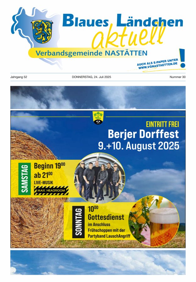 Blaues Ländchen aktuell - Heimat- u Bürgerzeitung VG Nastätten Titelblatt 30/2025