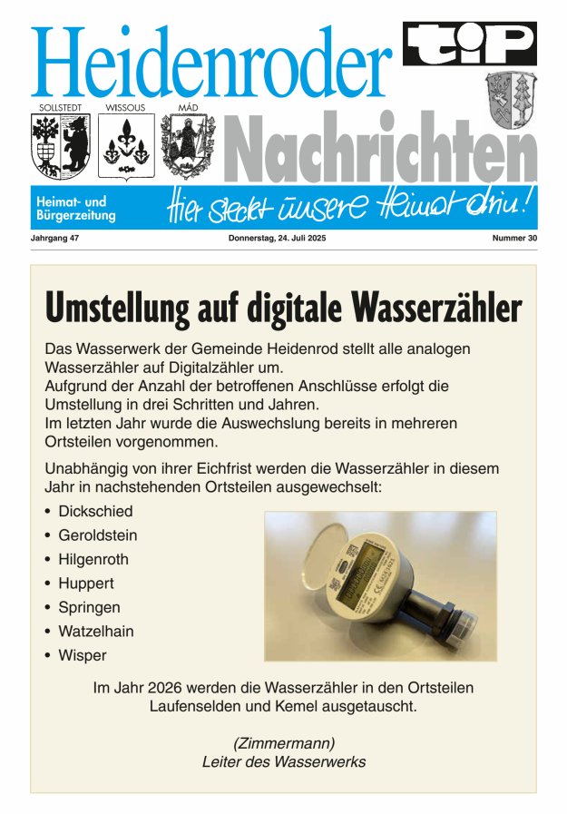 "tip" Heidenroder Nachrichten Titelblatt 30/2025