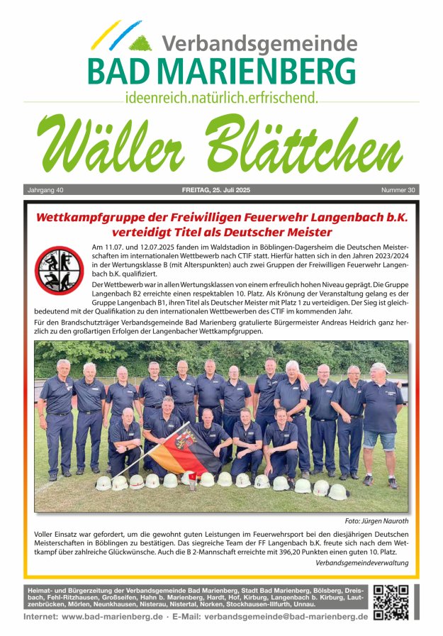 Wäller Blättchen - Verbandsgemeinde Bad Marienberg Titelblatt 30/2025
