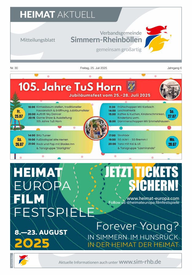 Heimat Aktuell Mitteilungsblatt der VG Simmern-Rheinböllen-Ausg Rheinböllen Titelblatt 30/2025