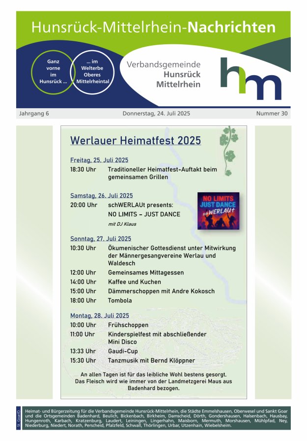 Hunsrück-Mittelrhein Nachrichten Ausgabe St Goar Oberwesel Titelblatt 30/2025