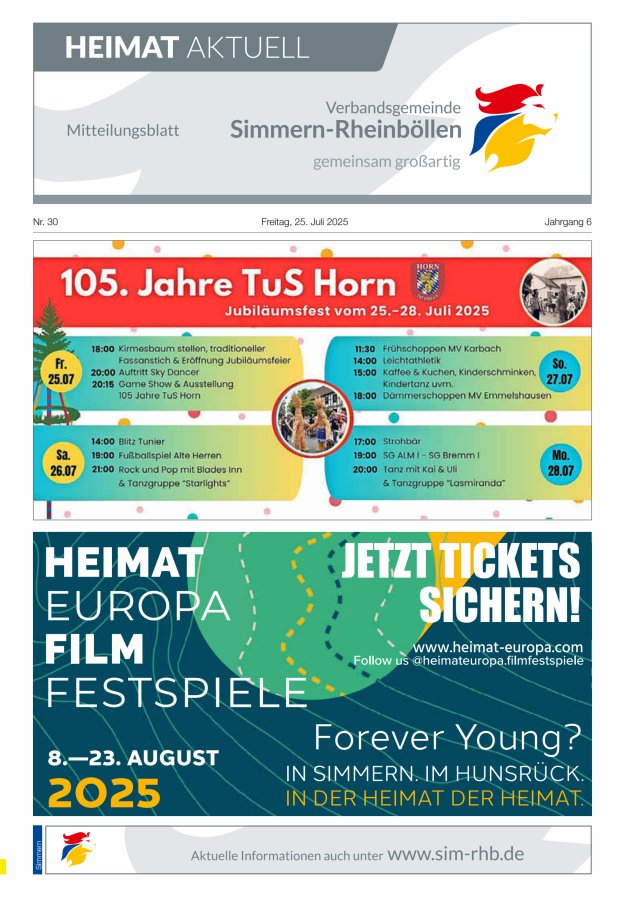 Heimat Aktuell - Mitteilungsbl der VG Simmern-Rheinböllen Ausg Simmern Titelblatt 30/2025