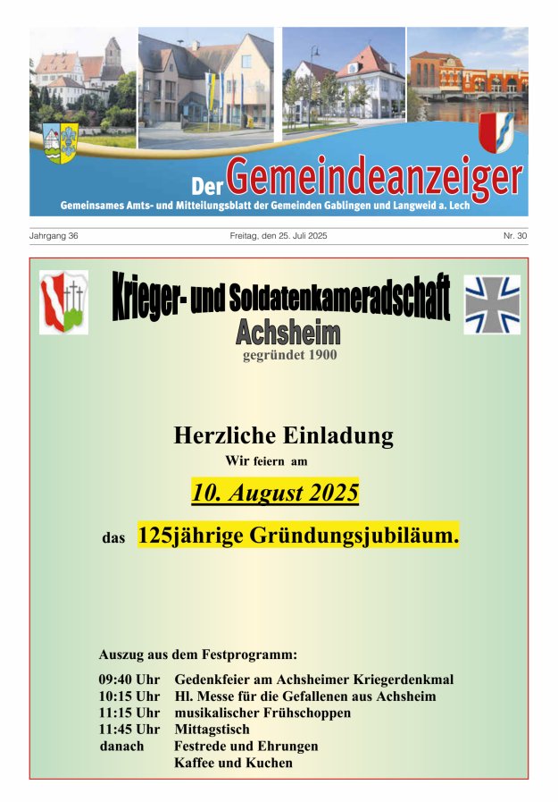 Der Gemeindeanzeiger - Gablingen Langweid Titelblatt 30/2025