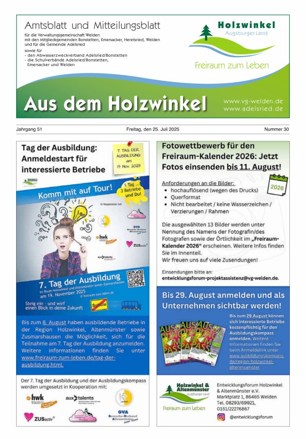 Aus dem Holzwinkel Amtsblatt u Mitteilungsblatt f VG Welden u GemAdelsried Titelblatt 30/2025