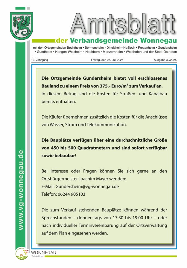 Amtsblatt VG Wonnegau Titelblatt 30/2025